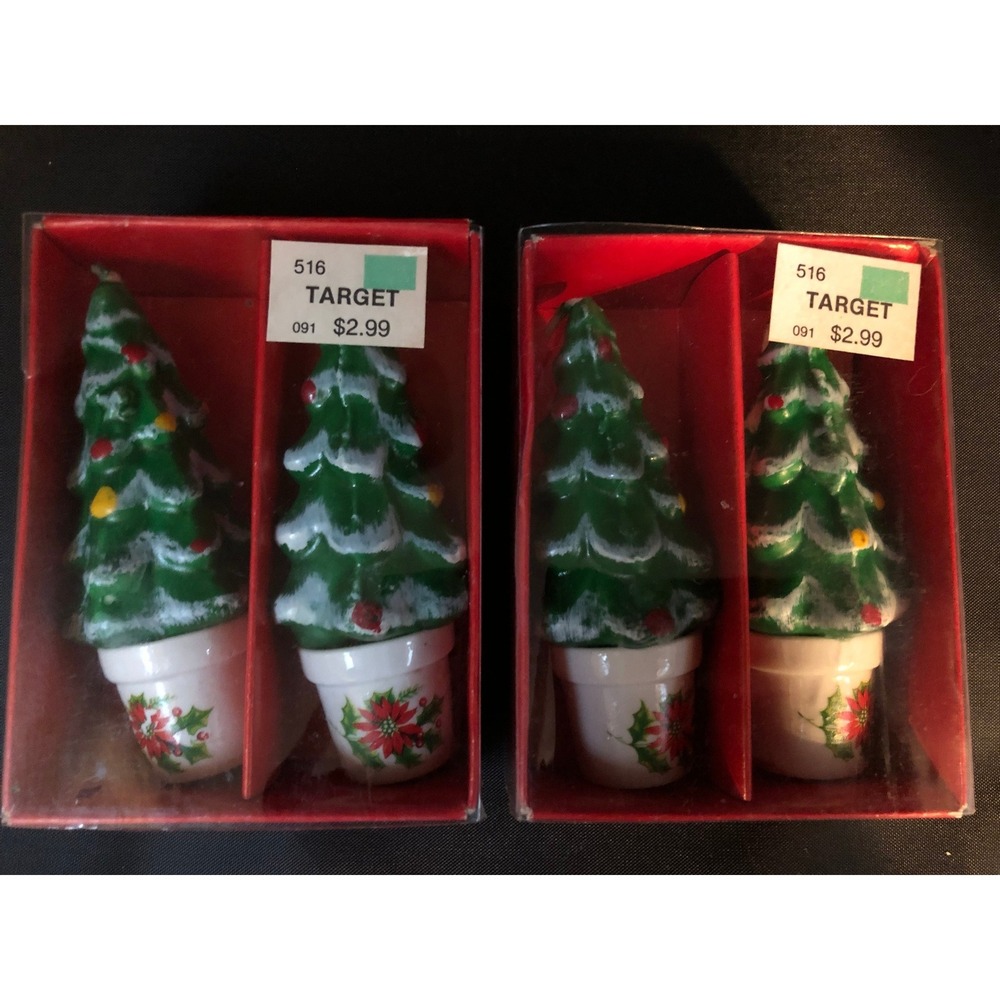 Vtg Target Mini Christmas Tree Candles (4) Mini Ceramic Pots Retro Kitsch w/Box